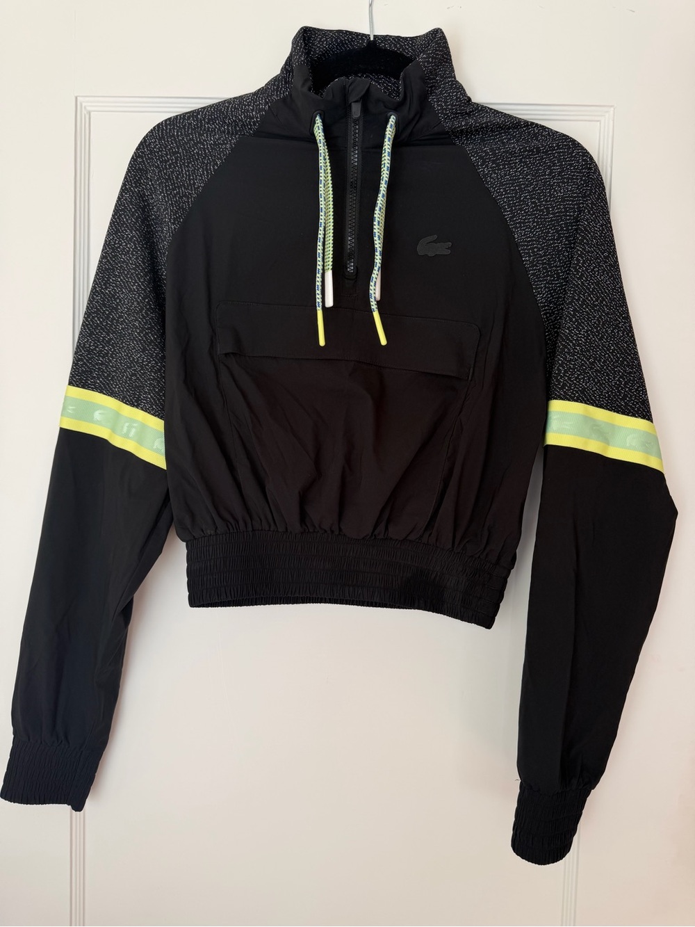 Lacoste Black with Neon Yellow Trim Cropped Bomber Jacket NWOT Size 34 XS/S